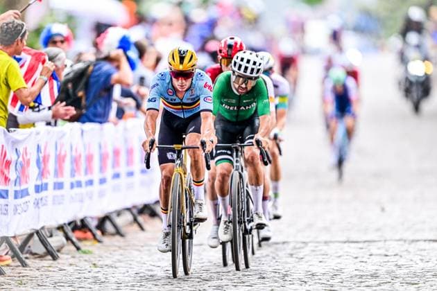 Belgian Remco Evenepoel and Irish Ben Healy pictured in action during the elite men road race (267,5 km) at the cycling road World Championships in Kigali, Rwanda, Sunday 28 September 2025. The 2025 UCI Road World Championships take place from 21 to 28 September in Kigali, Rwanda. DIRKxWAEM  x135517139x