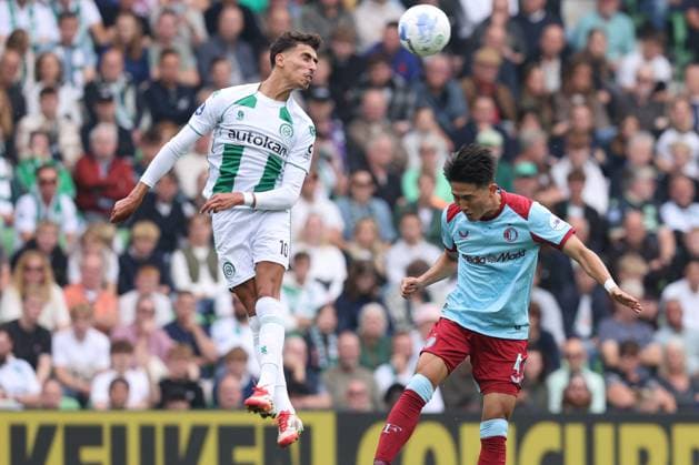 Younes Taha El Idrissi of FC Groningen makes a header with Tsuyoshi Watanabe of Feyenoord Rotterdam during the match FC Groningen vs Feyenoord at the Euroborg for the Dutch Vriendenloterij Eredivisie season 2025-2026 in GRONINGEN, Netherlands on 28 september 2025, (photo by Peter Lous EYE4images DeFodi Images) Younes Taha El Idrissi of FC Groningen makes a header with Tsuyoshi Watanabe of Feyenoord Rotterdam during the match FC Groningen vs Feyenoord at the Euroborg for the Dutch Vriendenloterij Eredivisie season 2025 2026 in GRONINGEN, Netherlands on 28 september 2025, photo by Peter Lous EYE4images DeFodi Images