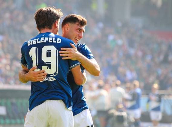 Germany Soccer 2 Bundesliga 2025 26, 7 Matchday Hannover 96 vs Arminia Bielefeld Heinz von Heiden Arena Stadion Hannover Goal celebration Maximilian Grosser Maximilian Grosser Arminia Bielefeld, 19 Hannover Copyright: xAymanxAlahmedx