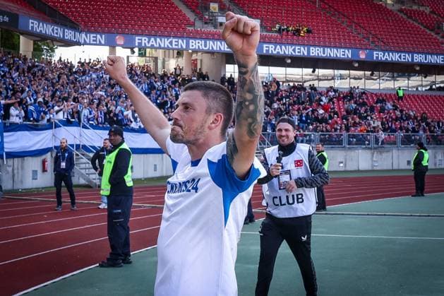 Dawid Kownacki 9 Hertha BSC Berlin celebrating after his goal for 0 3, 1 FC Nuernberg vs Hertha BSC Berlin, DFL, 2 Bundesliga, Saison 2025 2026, Max Morlock Stadion, Hinrunde, 7 Spieltag, 28 09 2025 DFB regulations prohibit any use of photographs as image sequences and or quasi video Nuernberg Bayern Germany Copyright: xkolbert-press MartinxAgüerax