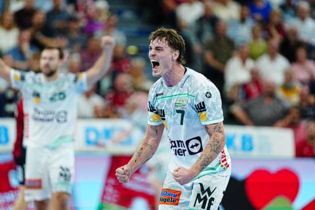 Goal celebration Victor Kloeve Frisch Auf Goeppingen, 07 GER, SG Flensburg Handewitt vs Frisch Auf Goeppingen, Handball, Bundesliga, Matchday 6, Season 2026 2026, 28 09 2025 GER, SG Flensburg Handewitt vs Frisch Auf Goeppingen, Handball, Bundesliga, Matchday 6, Season 2026 2026, 28 09 2025 Flensburg Copyright: xEibner-Pressefoto MarcelxvonxFehrnx EP_MFN