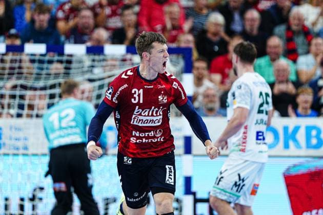 Goal celebration Emil Manfeldt Jakobsen SG Flensburg Handewitt, 31 GER, SG Flensburg Handewitt vs Frisch Auf Goeppingen, Handball, Bundesliga, Matchday 6, Season 2026 2026, 28 09 2025 GER, SG Flensburg Handewitt vs Frisch Auf Goeppingen, Handball, Bundesliga, Matchday 6, Season 2026 2026, 28 09 2025 Flensburg Copyright: xEibner-Pressefoto MarcelxvonxFehrnx EP_MFN