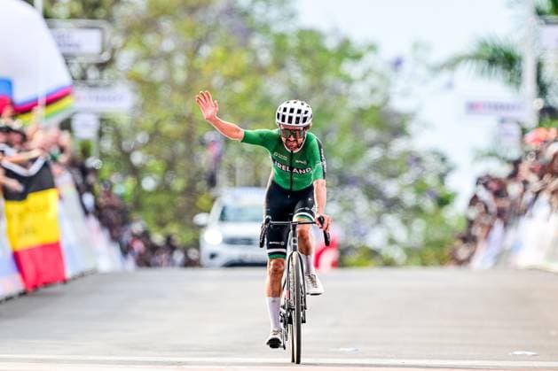 Irish Ben Healy crosses the finish line of the elite men road race (267,5 km) at the cycling road World Championships in Kigali, Rwanda, Sunday 28 September 2025. The 2025 UCI Road World Championships take place from 21 to 28 September in Kigali, Rwanda. DIRKxWAEM  x135526184x