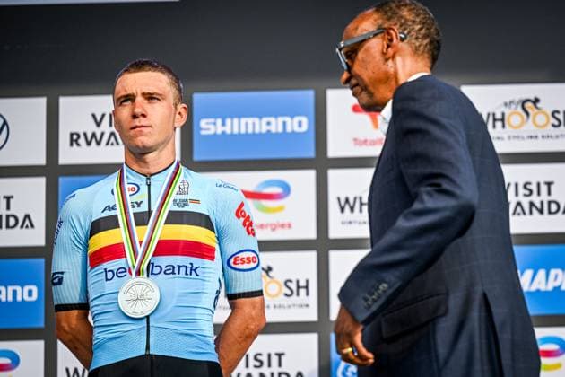 Belgian Remco Evenepoel pictured on the podium after the elite men road race (267,5 km) at the cycling road World Championships in Kigali, Rwanda, Sunday 28 September 2025. The 2025 UCI Road World Championships take place from 21 to 28 September in Kigali, Rwanda. DIRKxWAEM  x135526308x