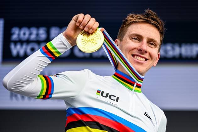 Slovenian Tadej Pogacar pictured on the podium after the elite men road race (267,5 km) at the cycling road World Championships in Kigali, Rwanda, Sunday 28 September 2025. The 2025 UCI Road World Championships take place from 21 to 28 September in Kigali, Rwanda. DIRKxWAEM  x135526518x