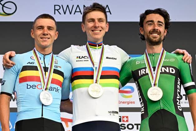 UCI 2025 Road World Championship, WM, Weltmeisterschaft Kigali 28 09 2025 KIGALI, RWANDA - SEPTEMBER 28 : Pogacar Tadej (SLO), Evenepoel Remco (BEL) and Healy Ben (IRL) during the podium ceremont of the Men Elite cycling road race of the UCI Road World Championships 2025 92nd edition an UCI World Championships cycling race of 267.5 km with start in Kigali and finish in Kigali on September 28, 2025 in Kigali, Rwanda, 28 09 2025 Kigali Rwanda  Copyright: xJanxDexMeuleneirx