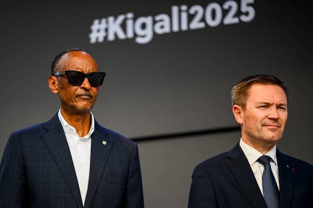 President of Rwanda Paul Kagame and UCI president David Lappartient are seen at the elite men road race (267,5 km) at the cycling road World Championships in Kigali, Rwanda, Sunday 28 September 2025. The 2025 UCI Road World Championships take place from 21 to 28 September in Kigali, Rwanda. DIRKxWAEM  x135529091x
