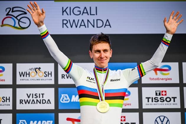 Slovenian Tadej Pogacar celebrates on the podium after winning the elite men road race (267,5 km) at the cycling road World Championships in Kigali, Rwanda, Sunday 28 September 2025. The 2025 UCI Road World Championships take place from 21 to 28 September in Kigali, Rwanda. DIRKxWAEM  x135529285x