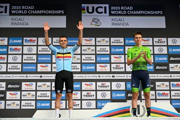 UCI 2025 Road World Championship, WM, Weltmeisterschaft Kigali 28 09 2025 KIGALI, RWANDA - SEPTEMBER 28 : Pogacar Tadej (SLO), Evenepoel Remco (BEL) and Healy Ben (IRL) during the podium ceremont of the Men Elite cycling road race of the UCI Road World Championships 2025 92nd edition an UCI World Championships cycling race of 267.5 km with start in Kigali and finish in Kigali on September 28, 2025 in Kigali, Rwanda, 28 09 2025 Kigali Rwanda  Copyright: xJanxDexMeuleneirx