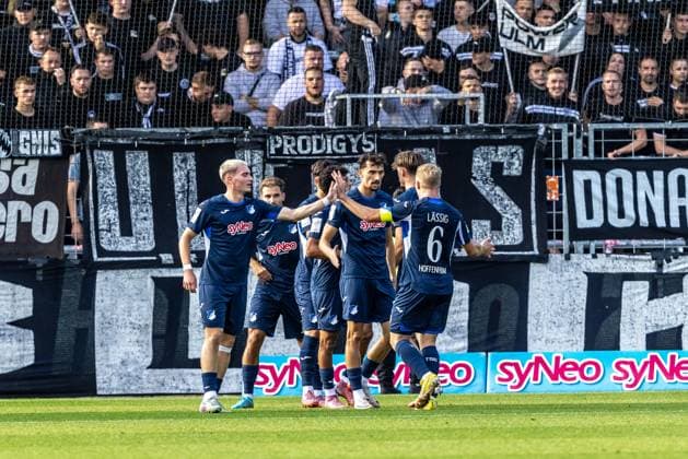 Soccer, Season 2025 2026, 3 Liga, Dietmar Hopp Stadion Sinsheim, 8 Matchday, TSG Hoffenheim II SSV Ulm 1846 Soccer, 28 09 2025 28 09 2025, Soccer, Season 2025 2026, 3 Liga, Dietmar Hopp Stadion Sinsheim, 8 Matchday, TSG Hoffenheim II SSV Ulm 1846 Soccer, Goal celebration joy after goal Goal shot for 1 0 by 38 Deniz Zeitler TSG Hoffenheim II TSG Hoffenheim II Team Team photo Lucca Fundel Sinsheim Dietmar Hopp Stadion Baden Württemberg Germany