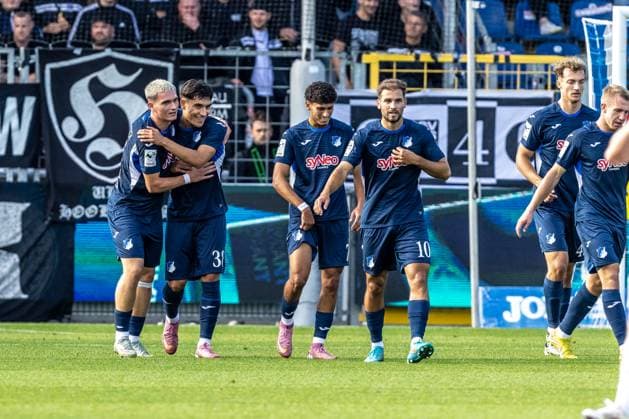 Soccer, Season 2025 2026, 3 Liga, Dietmar Hopp Stadion Sinsheim, 8 Matchday, TSG Hoffenheim II SSV Ulm 1846 Soccer, 28 09 2025 28 09 2025, Soccer, Season 2025 2026, 3 Liga, Dietmar Hopp Stadion Sinsheim, 8 Matchday, TSG Hoffenheim II SSV Ulm 1846 Soccer, Goal celebration joy after goal Goal shot to 1 0 by 38 Deniz Zeitler TSG Hoffenheim II Photo Lucca Fundel Sinsheim Dietmar Hopp Stadion Baden Württemberg Germany