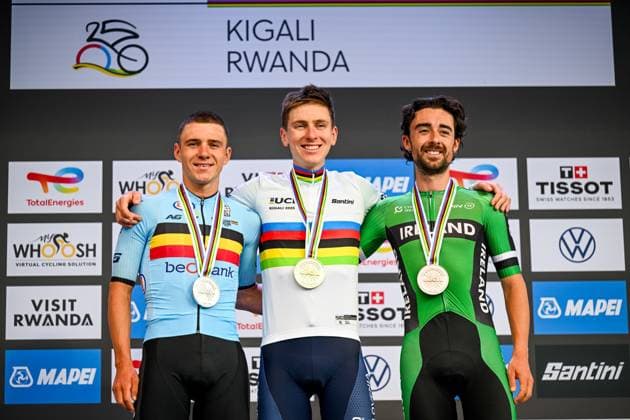 Belgian Remco Evenepoel, Slovenian Tadej Pogacar and Irish Ben Healy pictured on the podium after the elite men road race (267,5 km) at the cycling road World Championships in Kigali, Rwanda, Sunday 28 September 2025. The 2025 UCI Road World Championships take place from 21 to 28 September in Kigali, Rwanda. DIRKxWAEM  x135529852x