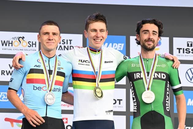 28-09-2025 World Championships Elite; 2025, Uae Team Emirates - Xrg; 2025, Soudal - Quick Step; 2025, Ef Education - Easypost; Pogacar, Tadej; Evenepoel, Remco; Healy, Ben; Kigali; 
