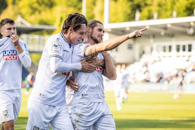 Soccer, Season 2025 2026, 3 Liga, Dietmar Hopp Stadion Sinsheim, 8 Matchday, TSG Hoffenheim II SSV Ulm 1846 Soccer, 28 09 2025 28 09 2025, Soccer, Season 2025 2026, 3 Liga, Dietmar Hopp Stadion Sinsheim, 8 Matchday, TSG Hoffenheim II SSV Ulm 1846 Fußball, Goal celebration joy after goal Goal shot to 1 1 by 11 Dennis Chessa SSV Ulm 1846 Fußball Foto Lucca Fundel Sinsheim Dietmar Hopp Stadion Baden Württemberg Germany