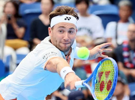 September 28, 2025, Tokyo, Japan - Casper Ruud of Norway returns the ball against Aleksandra Vukic of Australia during a quarter-finals of the Japan Open Tennis tournament in Tokyo on Sunday, September 28, 2025. Ruud defeated Vukic 6-3, 6-2. (photo by Yoshio Tsunoda AFLO) Noxthirdxpartyxsales  aflo_305073292
