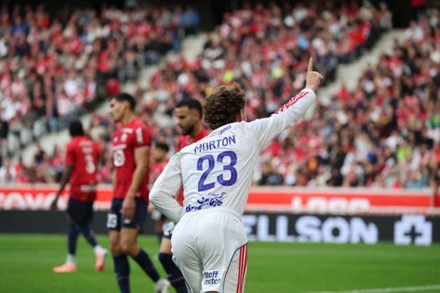 FOOTBALL : LOSC Lille vs Olympique Lyonnais - Ligue 1 J6 - 28 09 2025 Joie de Tyler MORTON (Olympique Lyonnais) apres son but lors du match LOSC Lille vs Olympique Lyonnais, Ligue 1 J6, Decathlon Arena stade Pierre Mauroy, le 28 septembre 2025 - photo Laurent Sanson PsnewZ  Copyright: xLaurentxSANSONx xPsnewZx