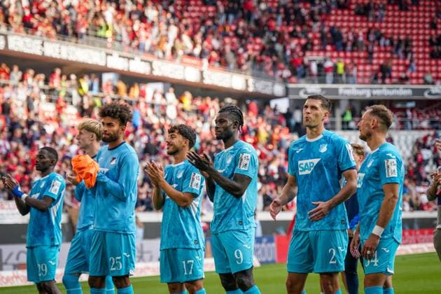 Germany Soccer Bundesliga 2025 26, 5 Matchday SC Freiburg vs TSG Hoffenheim Europa Park Stadion Freiburg Tim Lemperle TSG Hoffenheim, 19 Kevin Akpoguma TSG Hoffenheim, 25 Umut Tohumcu TSG Hoffenheim, 17 Ihlas Bebou TSG Hoffenheim, 9 Robin HranaÄ Hranac TSG Hoffenheim, 2 Vladimir Coufal Vladimir Coufal TSG Hoffenheim, 34 Copyright: xJOERANxSTEINSIEKx