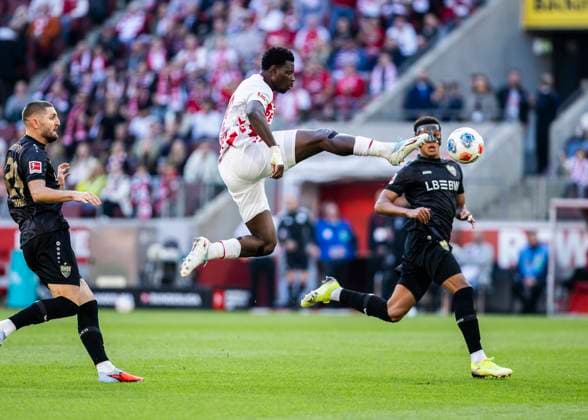 Koeln, RheinEnergieStadion, 28 09 2021 Ragnar Ache of Koeln fights for the ball during the 1 Bundesliga match 1 FC Koeln vs VFB Stuttgart