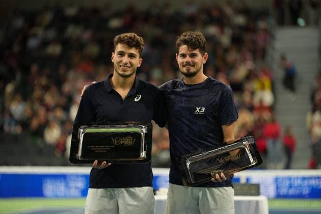 TENNIS : CO Met Orleans Open 2025 - Finale - ATP, Tennis Herren Challenger Tour 125 - 28 09 2025 Luca Sanchez (FRA) and Clement Chidekh (FRA) with the winner trophy during the CO Met OrlÃ ans Open 2025 final, ATP Challenger Tour 125 tennis tournament on 28 September 2025 at CO Met Arena in OrlÃ ans, France - Photo Alexandre Martins Psnewz  Copyright: xALEXANDRExMARTINSx