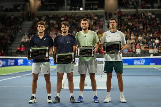TENNIS : CO Met Orleans Open 2025 - Finale - ATP, Tennis Herren Challenger Tour 125 - 28 09 2025 Clement Chidekh (FRA) and Luca Sanchez (FRA) and Theo Arribage (FRA) and josh Paris (GBR) with the trophy during the CO Met OrlÃ ans Open 2025 final, ATP Challenger Tour 125 tennis tournament on 28 September 2025 at CO Met Arena in OrlÃ ans, France - Photo Alexandre Martins Psnewz  Copyright: xALEXANDRExMARTINSx