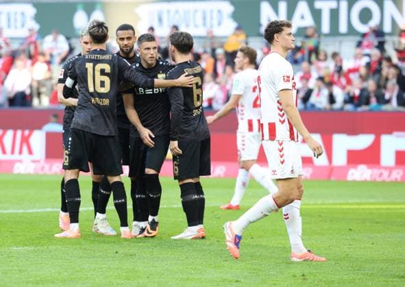 Celebration after equalizer 1 1 after penalty for Stuttgart GER, 1 FC Koeln vs VfB Stuttgart, Football, Bundesliga, Matchday 5, Season 2025 2026, 28 09 2025 DFL DFB REGULATIONS PROHIBIT ANY USE OF PHOTOGRAPHS as IMAGE SEQUENCES and or QUASI VIDEO GER, 1 FC Koeln vs VfB Stuttgart, Football, Bundesliga, Matchday 5, Season 2025 2026, 28 09 2025 Koeln Copyright: xEibner-Pressefotox xThomasxStoeckerx EP_TSR
