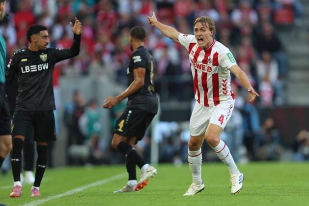 Timo Huebers (1. FC Koeln) gestikuliert, Gestik waehrend des spiels der Bundesliga zwischen 1. FC Köln und VfB Stuttgart, RheinEnergieSTADION am 28. September 2025 in Köln, Deutschland. (Foto von Oliver Kaelke DeFodi Images) +++ Timo Huebers (1. FC Koeln) gestures during the Bundesliga match between 1. FC Köln and VfB Stuttgart at RheinEnergieSTADION on September 28, 2025 in Köln, Germany. (Photo by Oliver Kaelke DeFodi Images) DFL regulations prohibit any use of photographs as image sequences and or quasi-video. (Photo by Oliver Kaelke DeFodi Images) Timo Huebers 1 FC Koeln gestures, gestures during the Bundesliga match between 1 FC Köln and VfB Stuttgart, RheinEnergieSTADION on September 28, 2025 in Cologne, Germany Photo by Oliver Kaelke DeFodi Images Timo Huebers 1 FC Koeln gestures during the Bundesliga match between 1 FC Köln and VfB Stuttgart at RheinEnergieSTADION on September 28, 2025 in Köln, Germany Photo by Oliver Kaelke DeFodi Images DFL regulations prohibit any use of photographs as image sequences and or quasi video Photo by Oliver Kaelke DeFodi Images