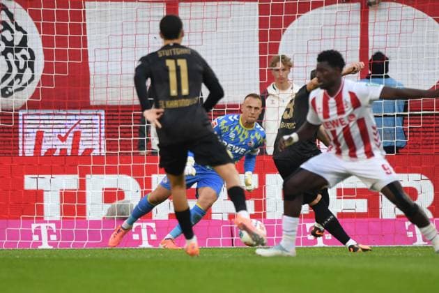 Ermedin DEMIROVIC S scores from the penalty spot to make it 1 1 against goalkeeper Marvin SCHWAEBE, Schwäbe K Soccer 1 Bundesliga, 5 Matchday, matchday5, 1 FC Koeln K VfB Stuttgart S on 31 08 2025 in Koeln Germany DFL regulations prohibit any use of photographs as image sequences and or quasi video Â