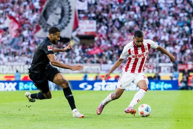 1 Soccer Bundesliga 1 FC Köln VfB Stuttgart 28 09 2025 duel Josha Vagnoman VfB Stuttgart, 4 , Linton Maina 1 FC Köln, 37 1 Soccer Bundesliga, 1 FC Köln VfB Stuttgart, Cologne, Rheinenergiestadion on 28 09 2025 DFL REGULATIONS PROHIBIT ANY USE OF PHOTOGRAPHS AS IMAGE SEQUENCES AND OR QUASI VIDEO Copyright: xBEAUTIFULxSPORTS Wunderlx
