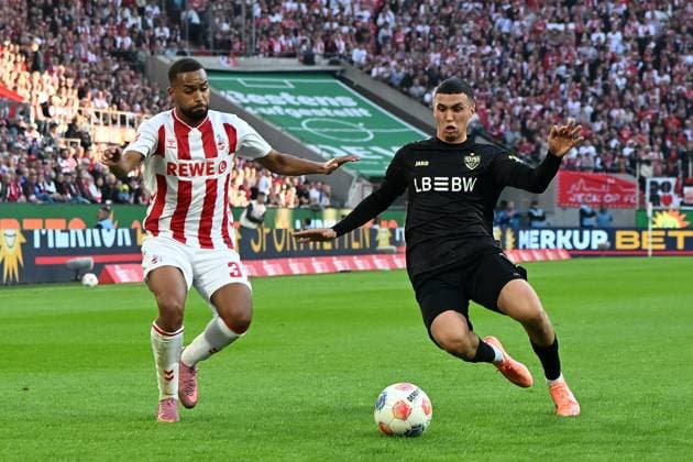 Linton Maina (1. FC Koeln) und Bilal El Khannouss (VfB Stuttgart) im Zweikampf waehrend des Spiels der Bundesliga zwischen dem 1. FC Köln und VfB Stuttgart, RheinEnergieSTADION am 28. September 2025 in Köln, Deutschland. (Foto von Ralf Treese DeFodi Images) +++ Linton Maina (1. FC Koeln) und Bilal El Khannouss (VfB Stuttgart) battle for the ball during the Bundesliga match between 1. FC Köln and VfB Stuttgart at RheinEnergieSTADION on September 28, 2025 in Köln, Germany. (Photo by Ralf Treese DeFodi Images) DFL regulations prohibit any use of photographs as image sequences and or quasi-video. (Photo by Ralf Treese DeFodi Images) Linton Maina 1 FC Koeln and Bilal El Khannouss VfB Stuttgart in a duel during the Bundesliga match between 1 FC Köln and VfB Stuttgart, RheinEnergieSTADION on September 28, 2025 in Cologne, Germany Photo by Ralf Treese DeFodi Images Linton Maina 1 FC Koeln and Bilal El Khannouss VfB Stuttgart battle for the ball during the Bundesliga match between 1 FC Köln and VfB Stuttgart at RheinEnergieSTADION on September 28, 2025 in Köln, Germany Photo by Ralf Treese DeFodi Images DFL regulations prohibit any use of photographs as image sequences and or quasi video Photo by Ralf Treese DeFodi Images