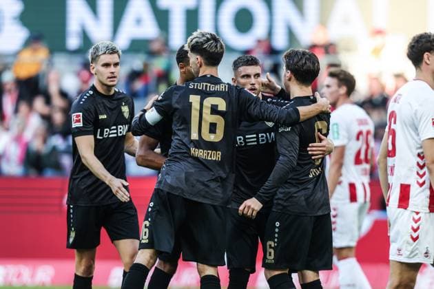 Sport, Soccer, Bundesliga Season 2025 2026 5 Matchday 1 FC Köln VfB Stuttgart 28 09 2025, RheinEnergieSTADION Goal celebration VfB Stuttgart after the goal to equalize 1 1 by Ermedin Demirovic VfB Stuttgart, 9 the players are happy Cologne RheinEnergieSTADION North Rhine-Westphalia Germany