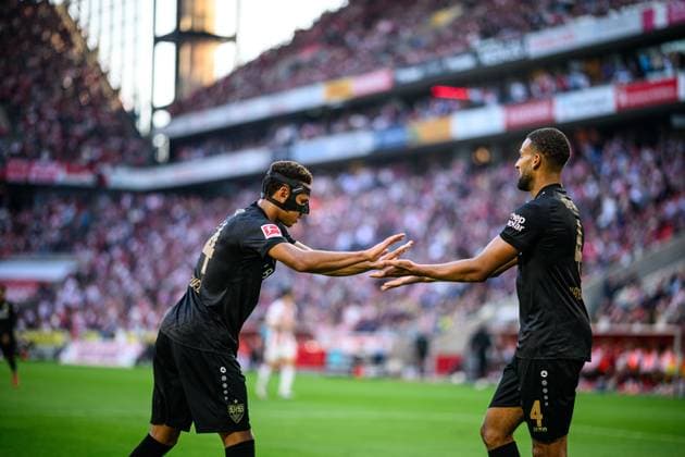 COLOGNE, GERMANY - 28 SEPTEMBER, 2025: Luca Jaquez, Josha Vagnoman - The football match of Bundesliga 1.FC Koeln vs VfB Stuttgart at Rhein Energie Stadion.  Copyright: xVITALIIxKLIUIEVx