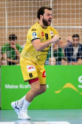 Backngang 2 HBL 25 26 HC Oppenweiler Backnang HSG Krefeld Christopher Klasmann Krefeld Jubel Freude Emotion Backnang Murrtal Arena Baden Württemberg Germany