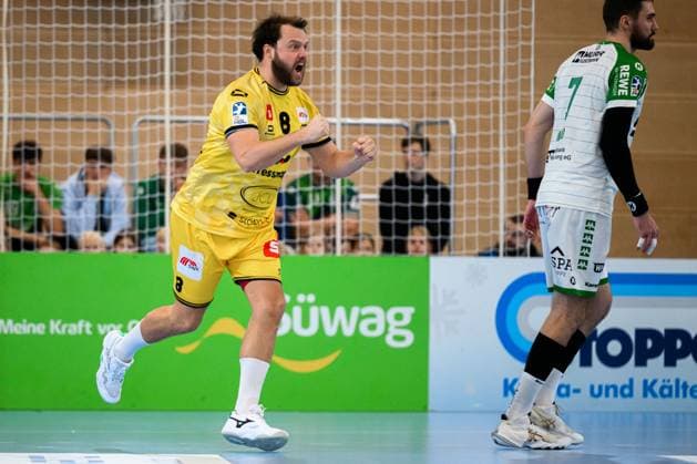 Backngang 2 HBL 25 26 HC Oppenweiler Backnang HSG Krefeld Christopher Klasmann Krefeld Jubel Freude Emotion Torjubel Torschuetze Torschütze Backnang Murrtal Arena Baden Württemberg Germany