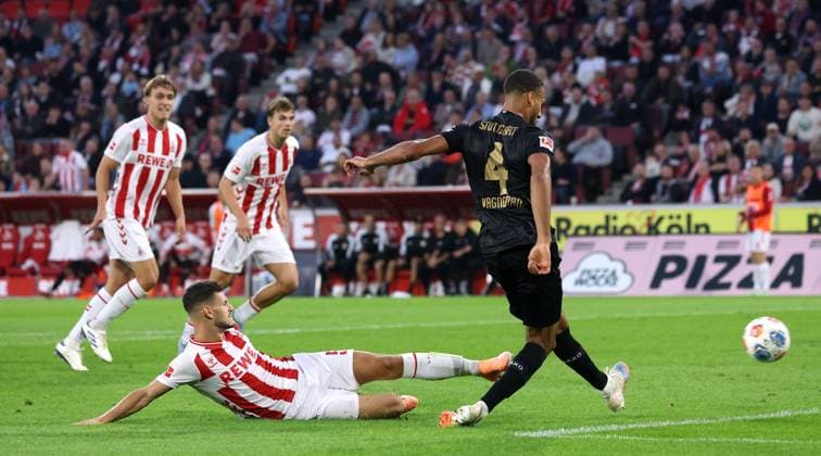 Stuttgart , Bundesliga soccer 1 FC Köln vs VfB Stuttgart, goal to 1-2, f l Tom Krauß Köln , scorer Josha Vagnoman VfB According to the regulations of the DFL German Football League, it is prohibited to use or have used photographs taken in the stadium and or of the match in the form of sequential images and or video-like photo series