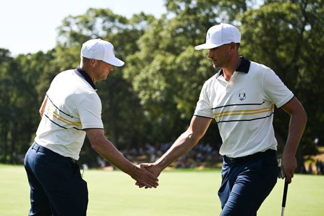 250928 Alex Norén and Ludvig Aberg of Team Europe celebrate during a singles match on day 3 of the Ryder Cup on September 28, 2025 in New York Photo Jesper Zerman BILDBYRAN kod JZ JZ0619 golf ryder cup day 3 bbeng jubel  Copyright: JESPERxZERMAN BB250928JZ008