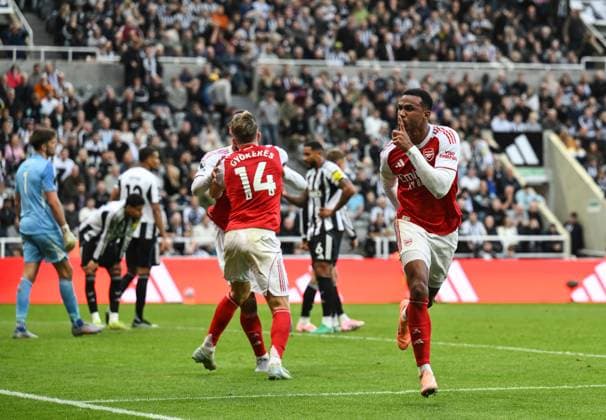 Gabriel of Arsenal celebrates scoring their second goal Newcastle United v Arsenal, Premier League, Football, St James Park, Newcastle, UK - 28 Sep 2025Newcastle St James Park United Kingdom EDITORIAL USE ONLY No use with unauthorised audio, video, data, fixture lists, club league logos or live services. Online in-match use limited to 120 images, no video emulation. No use in betting, games or single club league player publications. Copyright: xRichardxLee Shutterstockx 15503935cm