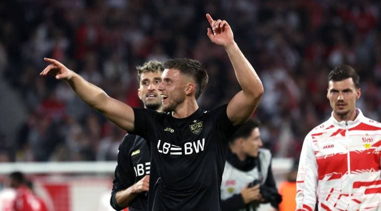 Stuttgart , Bundesliga Soccer 1 FC Köln vs VfB Stuttgart, Ermedin Demirovic VfB is happy about the victory According to the regulations of the DFL German Soccer League, it is prohibited to use or have used photographs taken in the stadium and or of the match in the form of sequential images and or video-like photo series