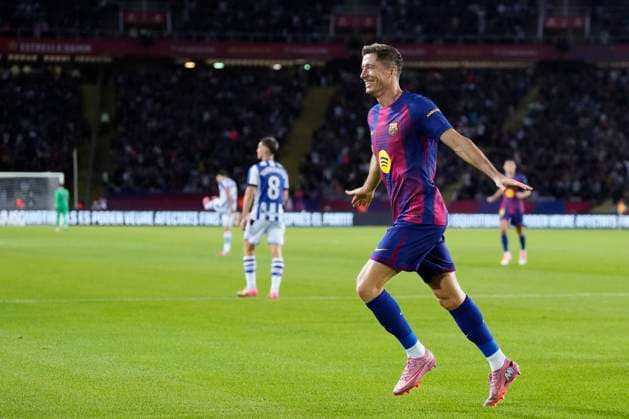 FC Barcelona, Barca v Real Sociedad - LaLiga EA Sports Robert Lewandowski centre-forward of Barcelona and Poland celebrates after scoring his sides first goal during the LaLiga EA Sports match between FC Barcelona and Real Sociedad at Estadi Olimpic Lluis Companys on September 28, 2025 in Barcelona, Spain. Barcelona Spain  Copyright: xJosexBretonx originalFilename:bretonhernandez-fcbarcel250928_nppon.jpg