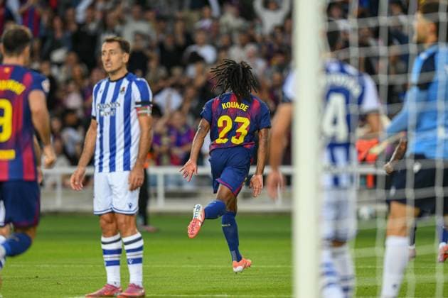 FC Barcelona, Barca v REAL SOCIEDAD OLIMPIC STADIUM LLUIS COMPANYS. MONTJUIC,BARCELONA. September 28, 2025 FC BARCELONA vs REAL SOCIEDAD September 28, ,2025 Jules Kounde (23) of FC Barcelona celebrates scoring his team s first goal during the match between FC Barcelona and Real Sociedad corresponding to the seventh day of La Liga EA Sports at at Olimpic Stadium Lluis Companys of MontjuÃ¯c in Barcelona, Spain. Barcelona ESP Copyright: xS.xRosx