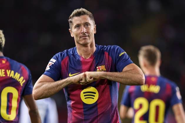September 28, 2025, Barcelona, Barcelona, SPAIN: Robert Lewandowski of FC Barcelona, Barca celebrates a goal during the Spanish league, La Liga EA Sports, football match played between FC Barcelona and Real Sociedad at Estadi Olimpic Lluis Companys on September 28, 2025 in Barcelona, Spain. Barcelona SPAIN - ZUMAa181 20250928_zaa_a181_233 Copyright: xJavierxBorregox