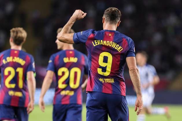 September 28, 2025, Barcelona, Barcelona, SPAIN: Robert Lewandowski of FC Barcelona, Barca celebrates a goal during the Spanish league, La Liga EA Sports, football match played between FC Barcelona and Real Sociedad at Estadi Olimpic Lluis Companys on September 28, 2025 in Barcelona, Spain. Barcelona SPAIN - ZUMAa181 20250928_zaa_a181_245 Copyright: xJavierxBorregox