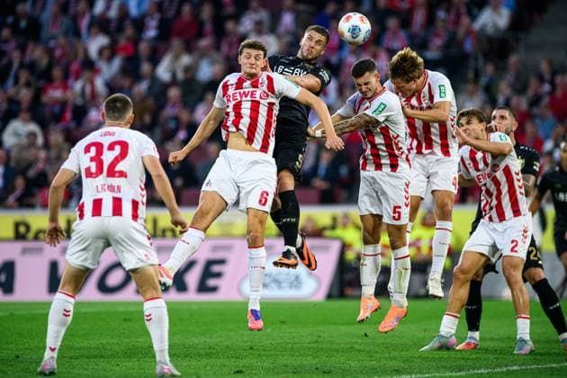 COLOGNE, GERMANY - 28 SEPTEMBER, 2025: Kristoffer Lund, Eric Martel, Ermedin Demirovic, Tom Krauss, Timo Huebers, Joel Schmied - The football match of Bundesliga 1.FC Koeln vs VfB Stuttgart at Rhein Energie Stadion.  Copyright: xVITALIIxKLIUIEVx