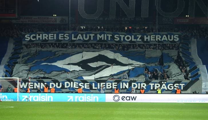 Choreography of HSV fans Sport Football Soccer Bundesliga Men DFL 5 Matchday Season 2025 2026 28 09 2025 1 FC Union Berlin FCU vs Hamburger SV HSV DFL regulations prohibit any use of photographs as image sequences and or quasi video