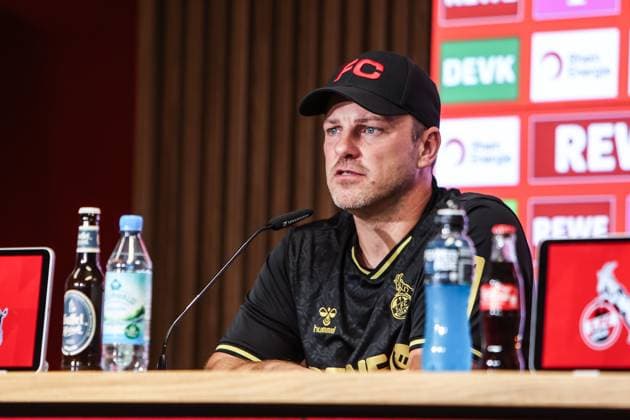 Sport, Football, Bundesliga Season 2025 2026 5 Matchday 1 FC Köln VfB Stuttgart 28 09 2025, RheinEnergieSTADION Lukas Kwasniok Coach 1 FC Köln Press conference Cologne RheinEnergieSTADION North Rhine-Westphalia Germany