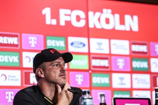 Sport, Football, Bundesliga Season 2025 2026 5 Matchday 1 FC Köln VfB Stuttgart 28 09 2025, RheinEnergieSTADION Lukas Kwasniok Coach 1 FC Köln Press conference Cologne RheinEnergieSTADION North Rhine-Westphalia Germany