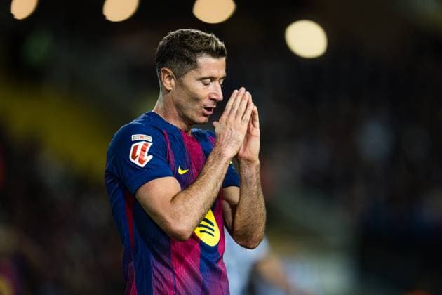 Spanish LaLiga EA Sports FC Barcelona, Barca v Real Sociedad in Barcelona, Spain. FC Barcelona player (9) Robert Lewandowski reacts after scoring chance during LaLiga EA Sports match between FC Barcelona and Real Sociedad in Estadi Olimpic Lluis Companys, Barcelona, Spain, on September 28, 2025. Barcelona Estadi Olimpic Lluis Companys Barcelona Spain