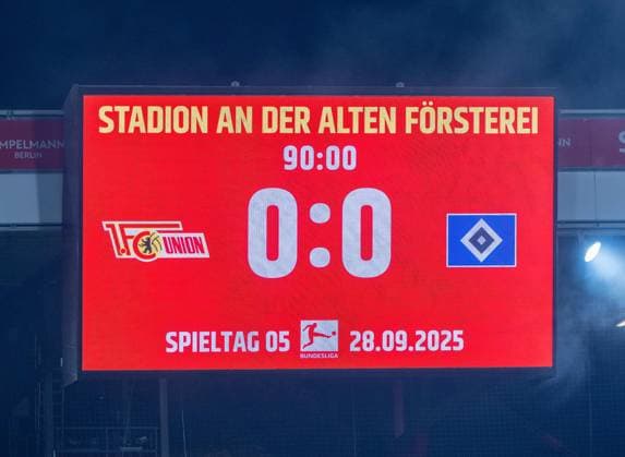 Soccer, Men, Season 2025 2026, 1 Bundesliga 5 Matchday , 1 FC Union Berlin Hamburger SV, Scoreboard with 0 0 Final Score, 28 09 2025, Copyright: xMatthiasxKochx