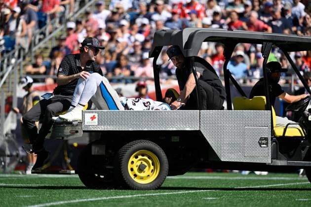 Sep 28, 2025; Foxborough, Massachusetts, USA; Carolina Panthers wide receiver David Moore (83) is carted off the field during the first half against the New England Patriots at Gillette Stadium, in Foxborough, Massachusetts. CSM Foxborough USA - ZUMAc04_ 20250928_zma_c04_110 Copyright: xEricxCanhax
