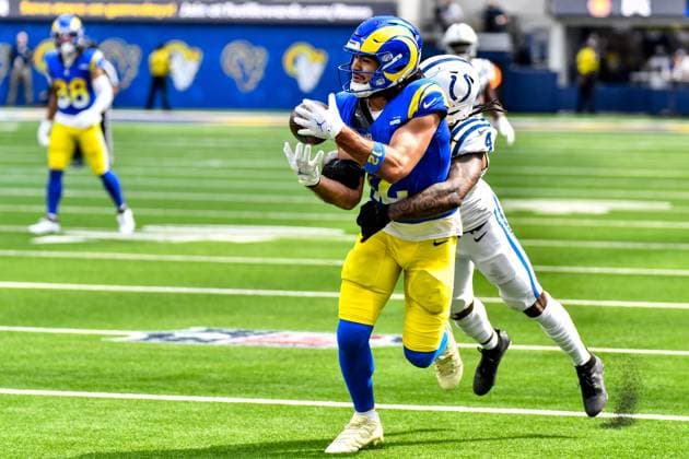 September 28, 2025 Inglewood, CA.Los Angeles Rams wide receiver Puka Nacua (12) catches the pass in action in the second quarter during the NFL, American Football Herren, USA football game.Indianapolis Colts vs. Los Angeles Rams.Mandatory Photo Credit: Cal Media Inglewood United States of America - ZUMAc04_ 20250928_zma_c04_115 Copyright: xLouisxLopezx