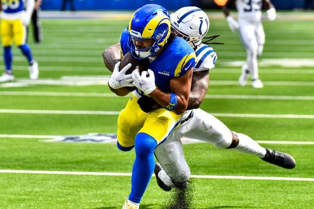 September 28, 2025 Inglewood, CA.Los Angeles Rams wide receiver Puka Nacua (12) catches the pass in action in the second quarter during the NFL, American Football Herren, USA football game.Indianapolis Colts vs. Los Angeles Rams.Mandatory Photo Credit: Cal Media Inglewood United States of America - ZUMAc04_ 20250928_zma_c04_122 Copyright: xLouisxLopezx